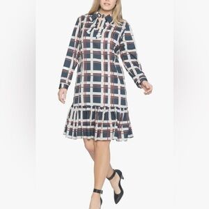 Eloquii Tie Neck Ruffled Hem Mini Dress in Power Plaid